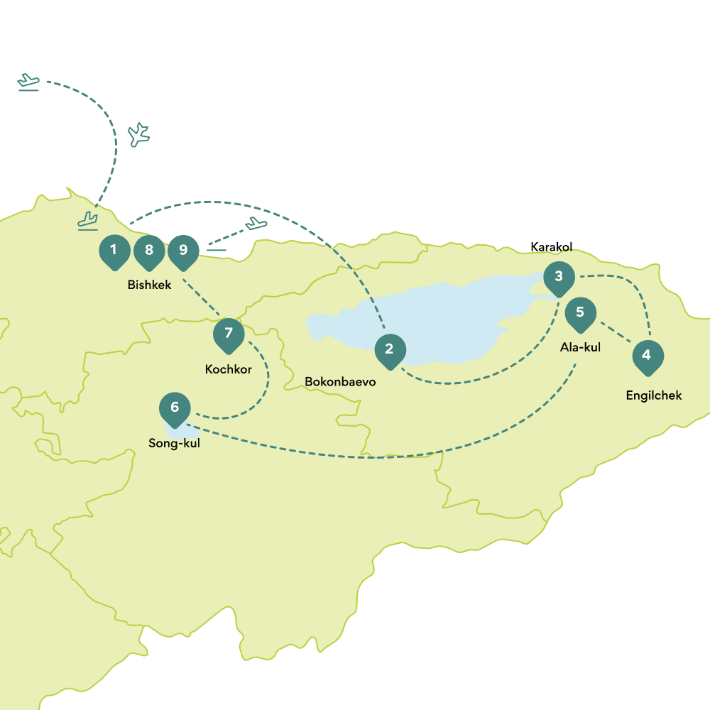 Map round trip Kyrgyzstan: route