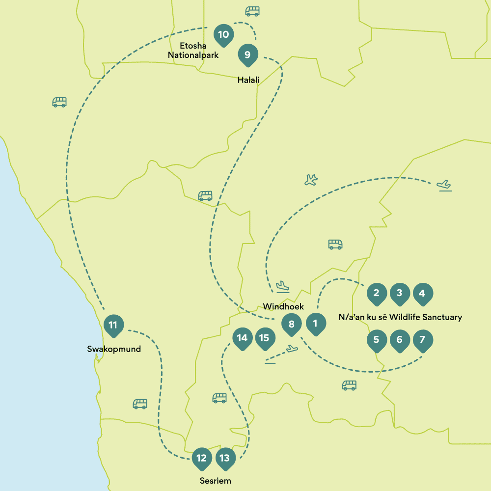 Map round trip Namibia: route