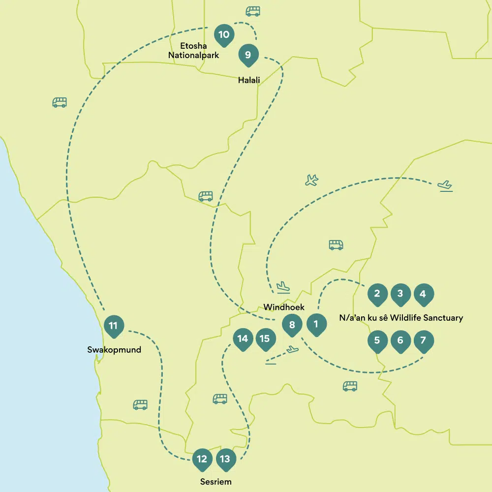 Karte Rundreise Namibia: Route
