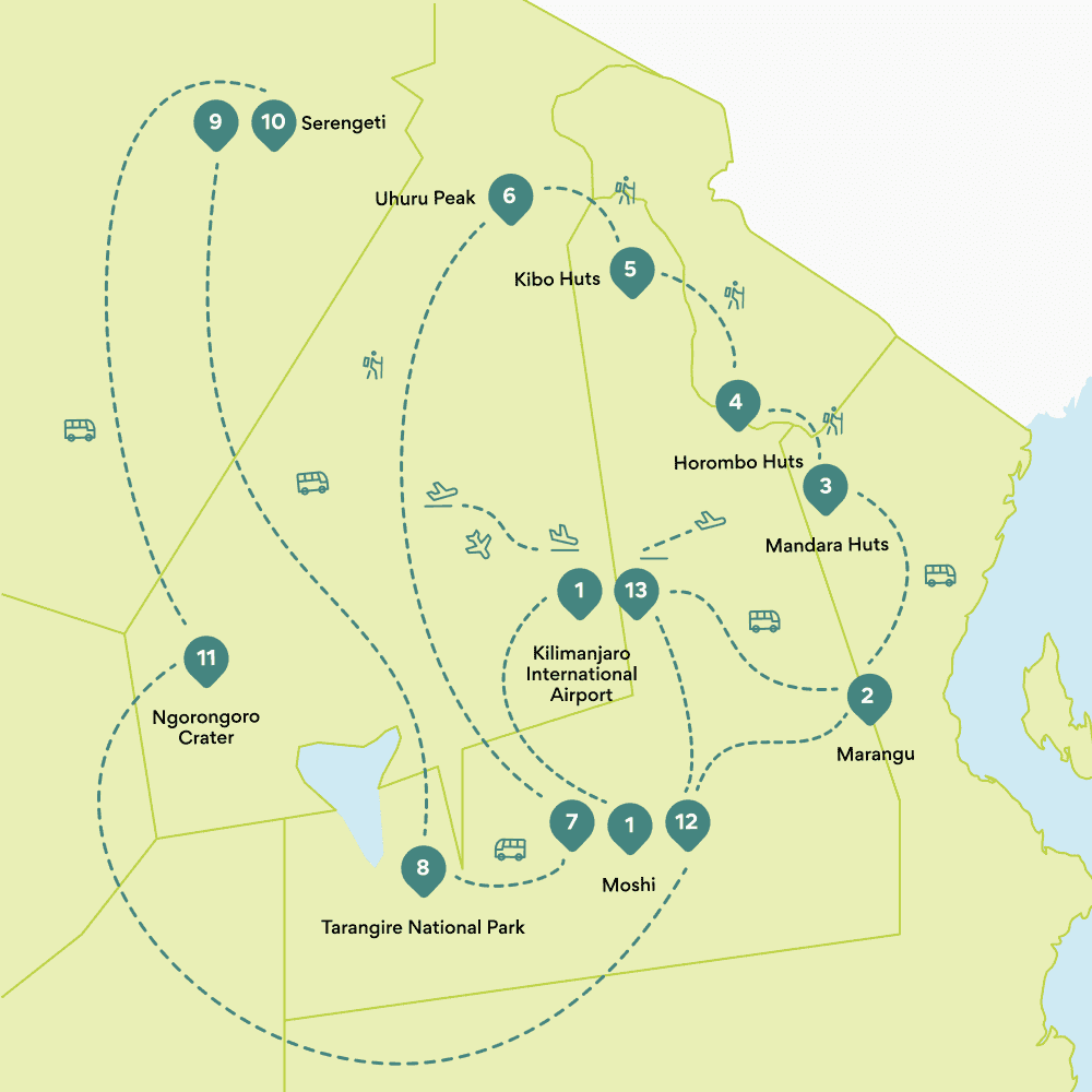 Map round trip Tanzania: route