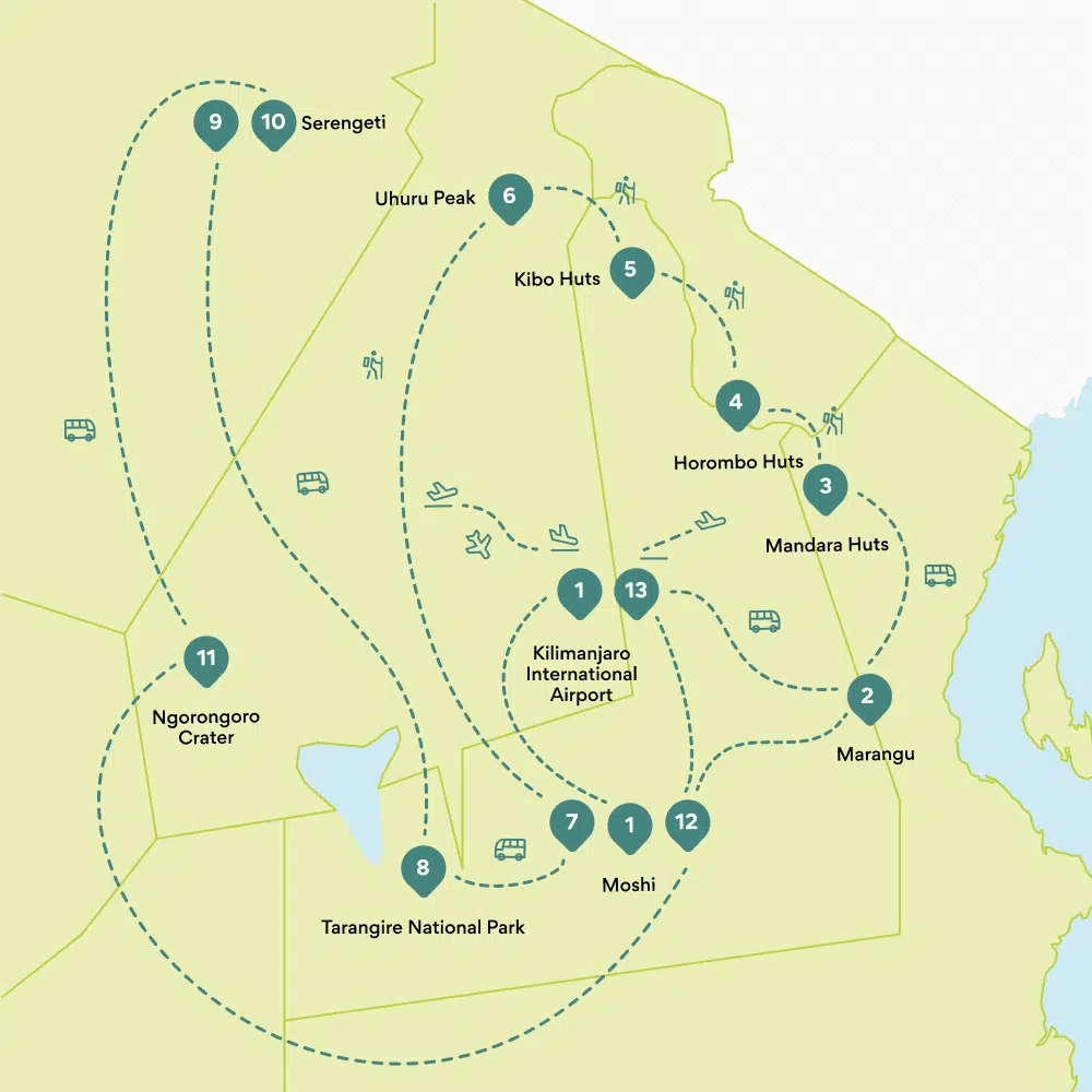 Karte Rundreise Tansania: Route