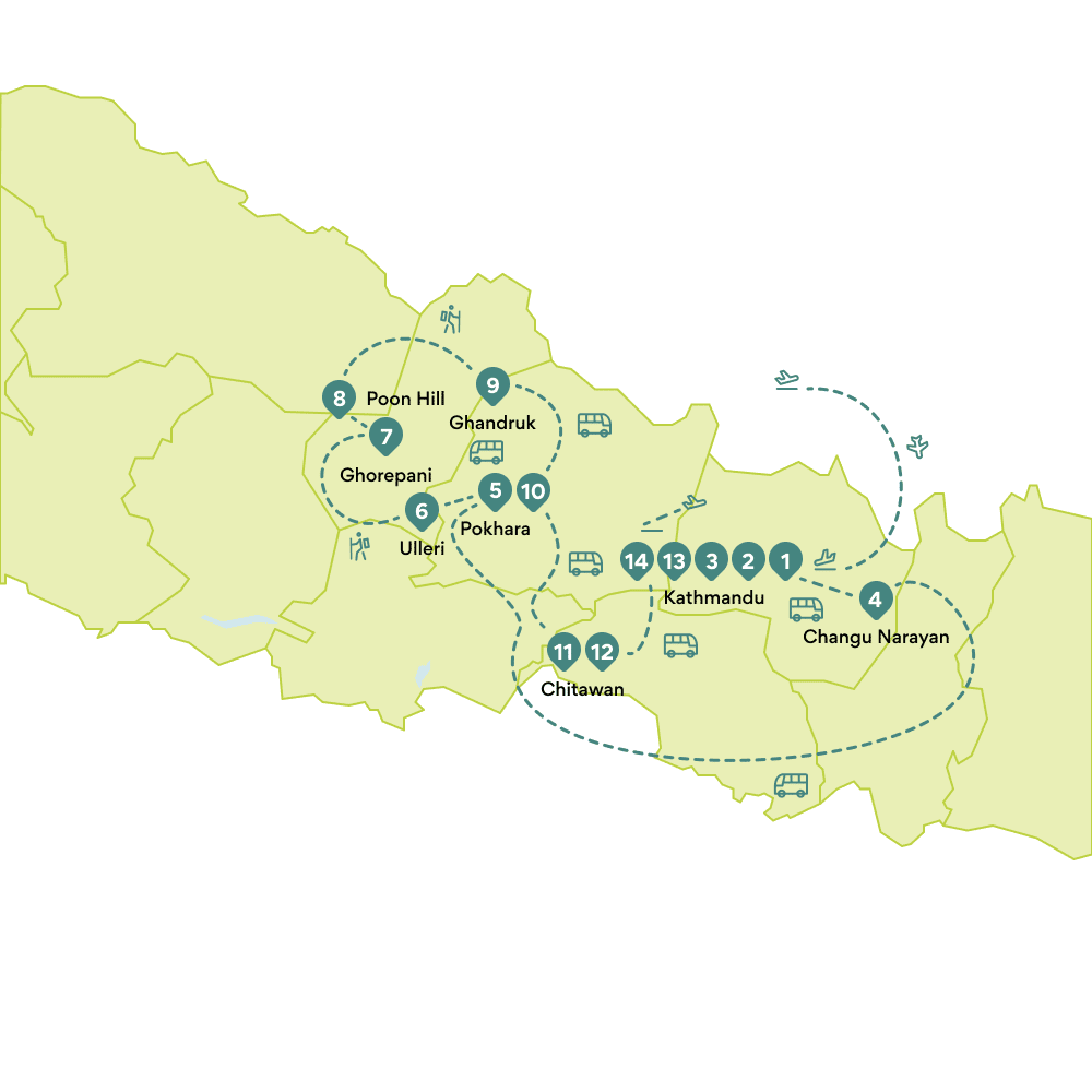 Karte Rundreise Nepal: Route