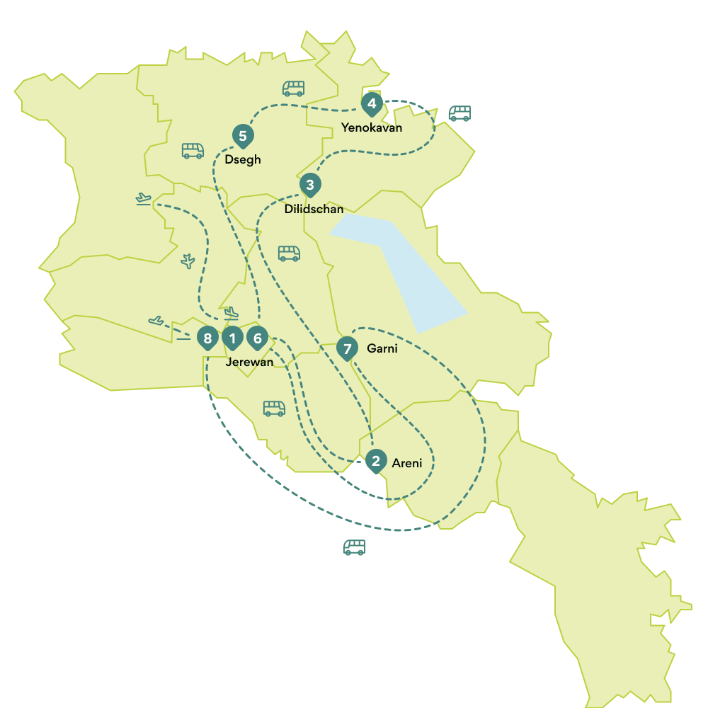 Map round trip Armenia: route
