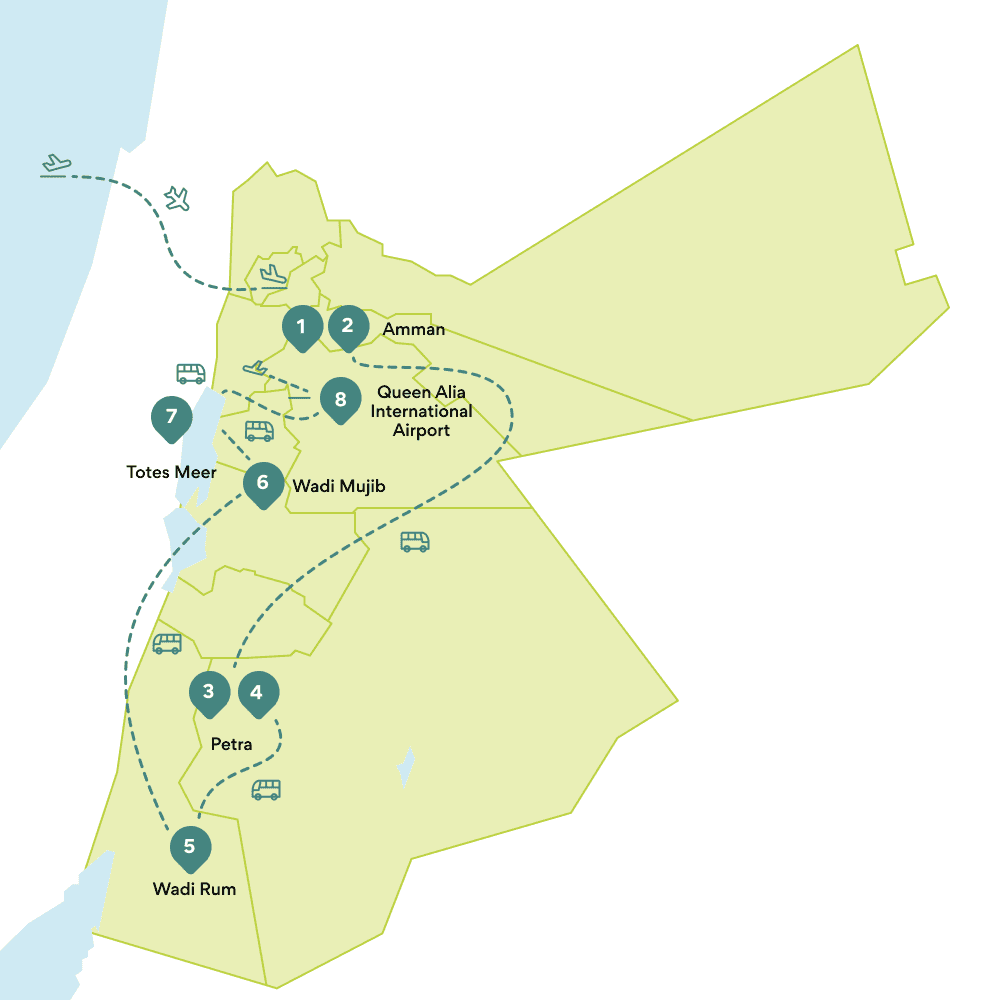 Karte Rundreise Jordanien: Route