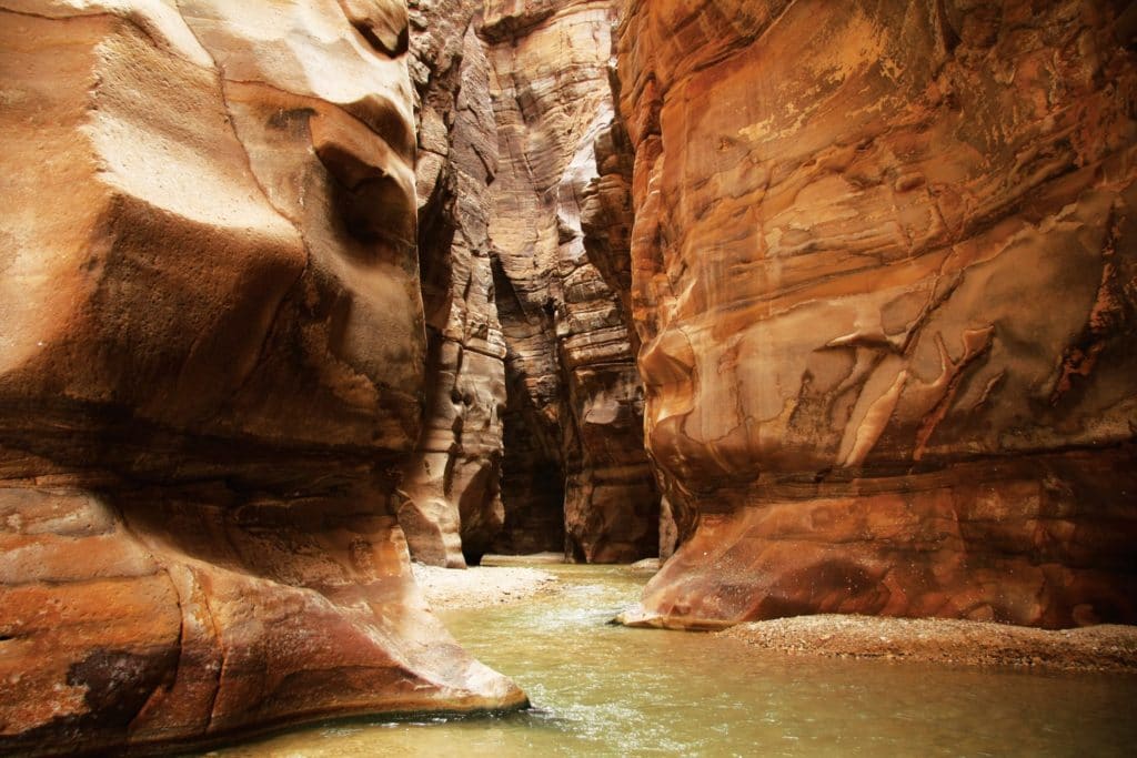 Siq Oder Auch Schlucht In Jordanien Mit Einem Kleinen Fluss Und Rot/Braunen Stein