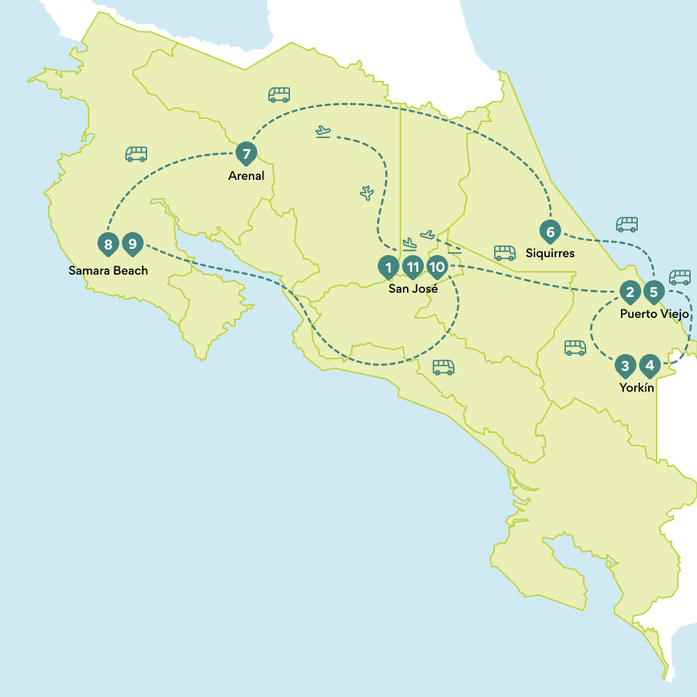 Map round trip Costa Rica: route