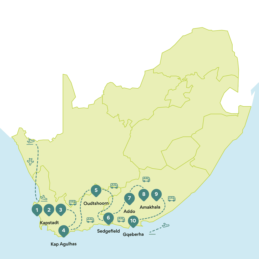 Karte Rundreise Südafrika: Route