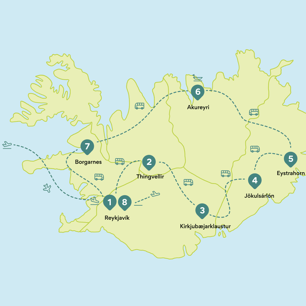 Karte Rundreise Island: Route