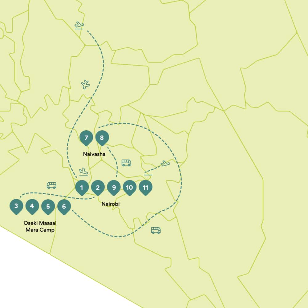 Map round trip Kenya: route